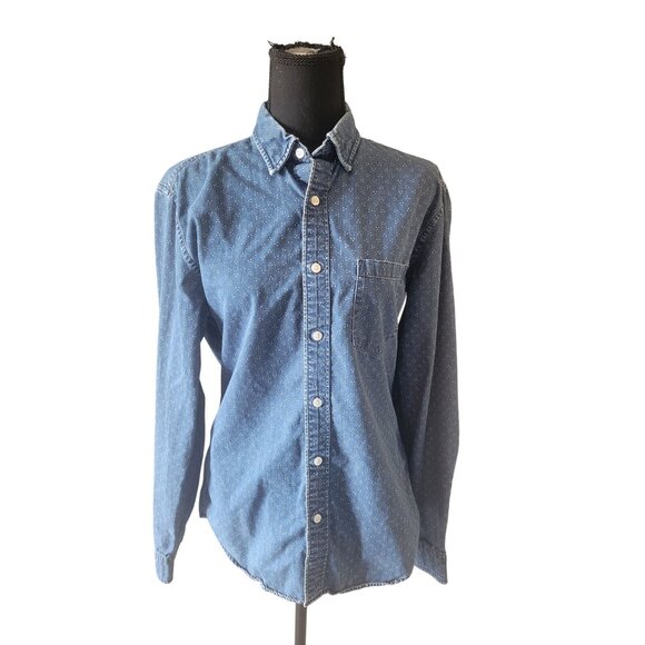 J Crew Blue Denim Mini Polka Dot Slim Long Sleeve Button Down Shirt Size M - Picture 1 of 10